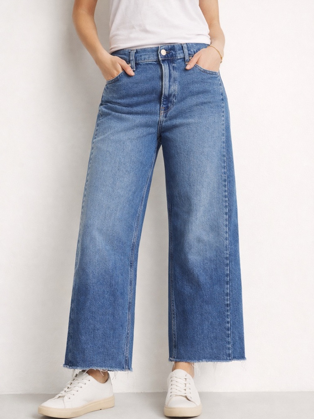 GAP High Rise Stride Ankle Jeans 32/14R Medium Indigo Raw Hem Wide Leg